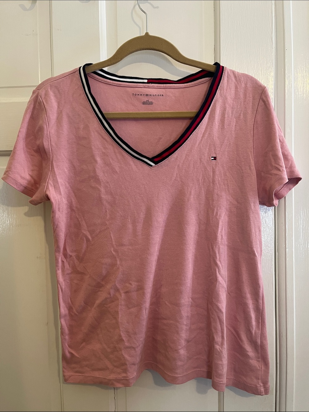 Tommy Hilfiger Pink V-Neck T-Shirt with Striped Trim - Size Large